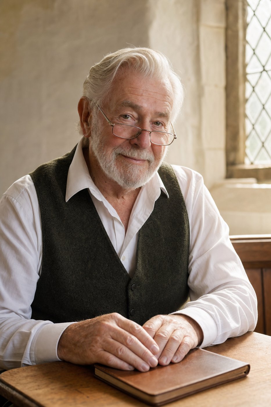 An illustrated portrait of Owain, an elderly Welshman seated at a table with a notebook in a stone chapel